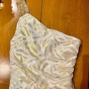Aidan Mattox One Shoulder Long Gown in White Silk Organza & Gold Leaves - 14